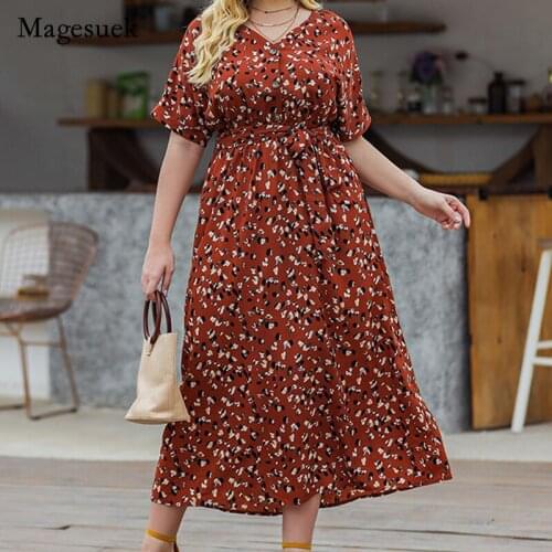 2021 Summer Women Chiffon Dress European American Women Print Floral V-neck Midi Dress Elegant Plus Size Dress Vestidos 15082