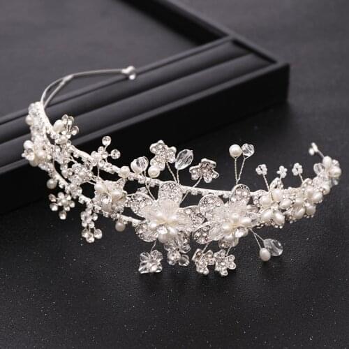 Bride Hair Accessories Silver Color Flower Headdress Rhinestone Crystal Pearl Crown Wedding Tiara Princess Headband Jewellery
