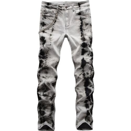 New Summer mens male trousers street fashion hip-hop craft fried snowflake retro hanging chain decoration stretch slim jeans