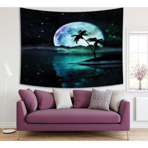 Tapestry Super Moon Starry Sky over the Sea Palm Trees Island Nostalgic Dreamland Surrealistic Artwork Blue Green White