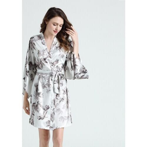 Lady Kimono Bathrobe Gown Satin Print Sleepwear Nightgown Silky Intimate Lingerie Nightdress Casual Home Dressing Gown Homewear