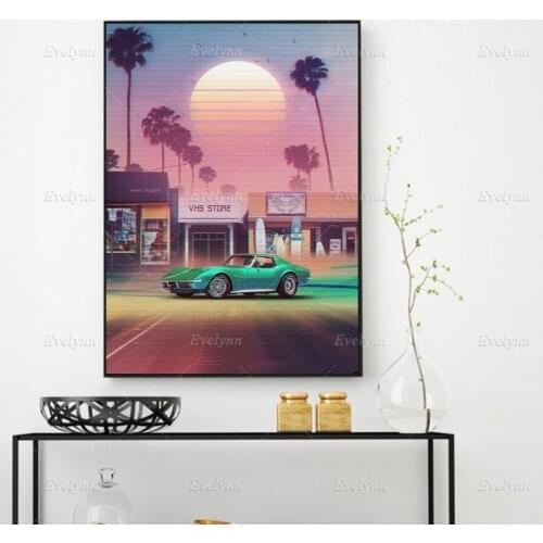 Synthwave Sunset Drive Oil Painting Posters And Prints On Canvas Abstract Green Car Wall Art Picture For Living Room Home Decor