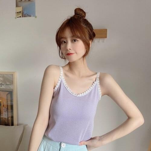 Kawaii Soft Girl Summer T Shirt 2021 New Sexy Lace Striped Fairy Vest Top Women Sweet Cute Casual Loose Bottoming Suspender Tops