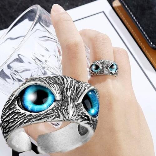 Blue Eyes Owl Ring for Women Girl Man Couple Vintage Gothic Animal Open Adjustable Ring Statement Rings Jewelry Gift