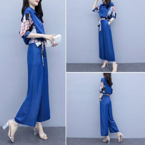Wide-leg pants suit 2020 summer new womens plus size printing temperament lace casual fashion two-piece suit