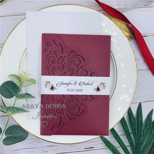 Gorgeous Burgundy Tri-fold Laser Cut Wedding Invites With Belly Band, Free Design