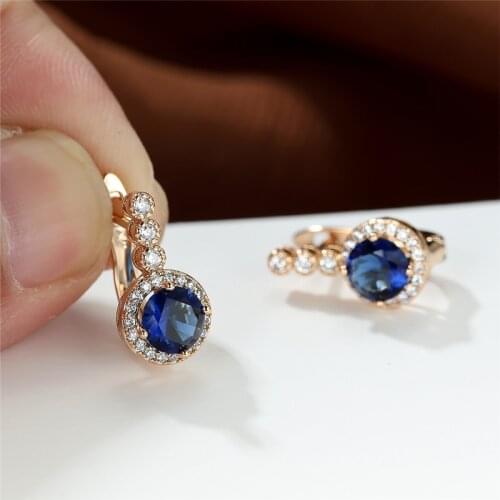 Rose Gold Color Small Earrings Cute Aqua Blue Zircon Hoop Earrings Purple Crystal Round Stone Earrings For Women Wedding Jewelry