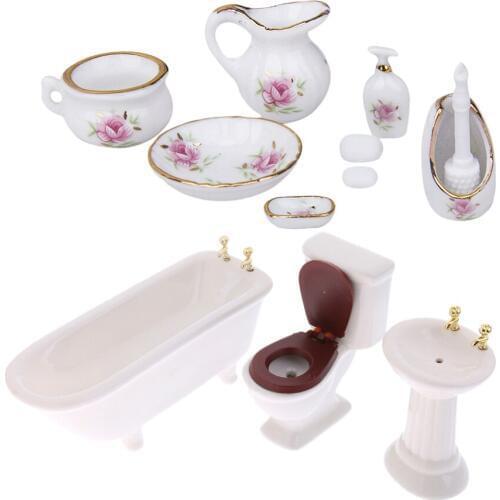 1/12 Dollhouse Miniature Furniture 11 Pieces Kit Bathroom Kit Ceramic Closestool Bathtub Sink Container Set Birthday Gift