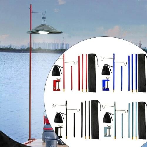 Picnic Table Bracket Camping Lamp Bracket Four-Section Double Hook Ground Plug Camping Lamp Stand with Storage Bag