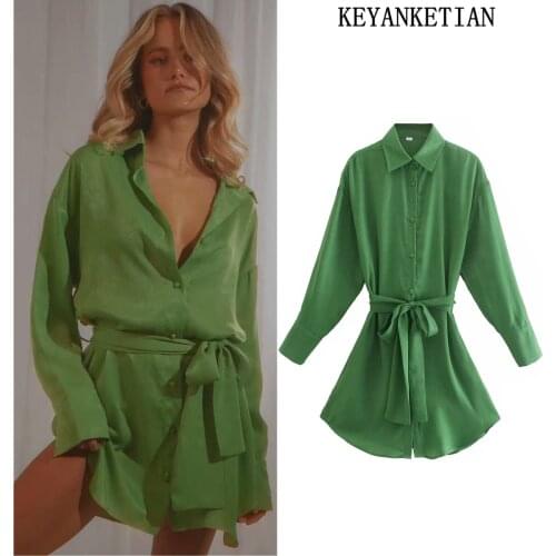 KEYANKETIAN 2021 autumn new ladies green dress satin gloss lace-up shirt dress chic fashion slim dress