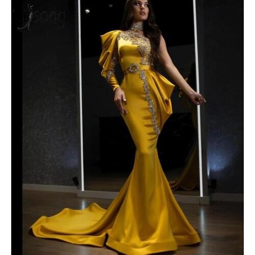 Luxury Evening Dresses Pleat Beading Crystal High Collar One-Shoulder Zipper Mermaid Gowns Novia Do 2021 New Party