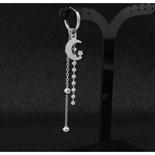 Women Men Rock Hip Hop Hipster Grunge Ear Clip Idol Korean Boys Stainless Steel Punk Stud Earrings Moon Star Long Chain Pendant