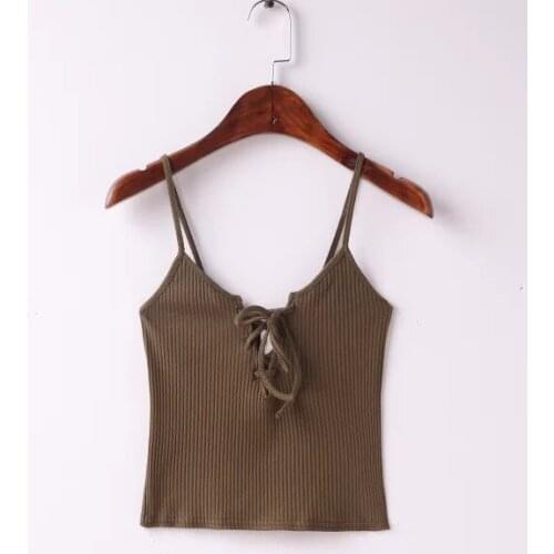 Solid Rib Knit Basic Lace Up Crop Women Casual Lattice Cami Top