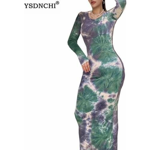 YSDNCHI Tie Dye Printed Long Bodycon Dresses Party Club Full Sleeve Sexy Night Spring Wear Casual Party Tight Vestidos Oversize