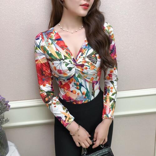 Woman T-shirt 2020 New Spring Autumn Sexy Long Sleeve V-neck Floral Print Slim Fit T-shirt Bodycon Club Tops