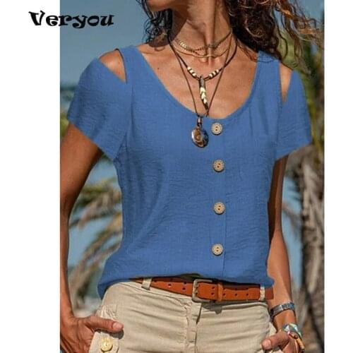 2021 Off Shoulder Short Sleeve T-Shirt Women New Single Breasted Button Fall Pullover Solid Color Casual Shirt Women Tee