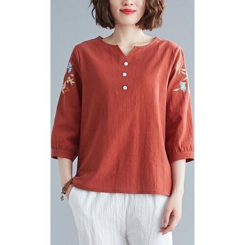 Plus Size Women Cotton Linen Casual T-shirt New Arrival 2021 Summer Vintage Style Floral Embroidery Loose Female Tops Tees S3170