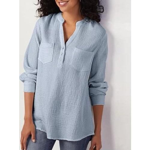 2021Cotton Linen V Neck Autumn Women Tunic Vintage Pocket Button Long Sleeve White Shirt Solid Casual Plus Size Tops And Blouses
