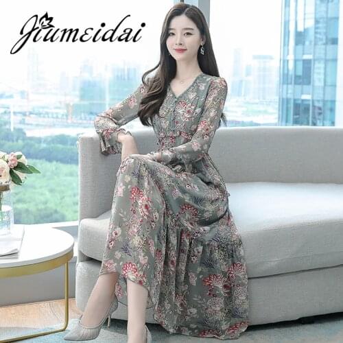 JiuMeiDai 2021 Women Autumn Elegant A-Line Chiffon Dress Office Lady Floral Print Robe Femme Vintage Designer Party Clothing