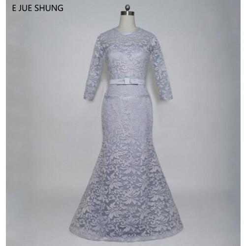 E JUE SHUNG Light Grey Lace Mermaid Evening Dresses Long Mother of the Bride Dresses Formal Dresses abendkleider