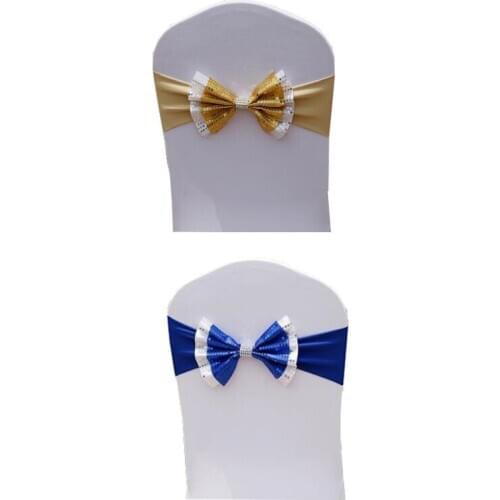 100pcs/lot Shiny Sequins Bow Chair Sash Wedding Chair Decoration Stretch Chair Cover Band