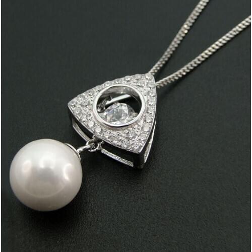 925 Sterling Silver Moving Jewelry Dancing Diamond Moving CZ & Natural Freshwater Pearl Pendant Necklace For Gift