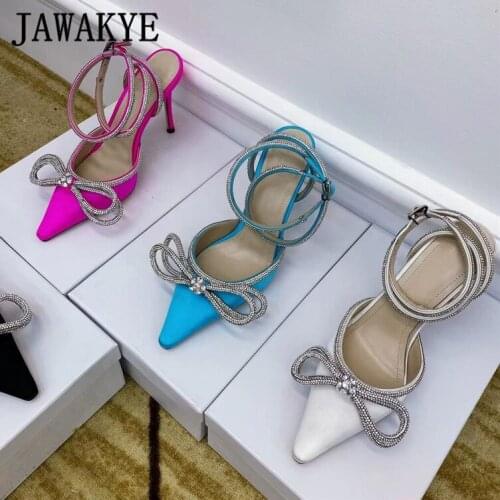 Sexy Satin Pointy Bow Crystal Women Sandals Closed Toe Ankle Strap Slingback Stilettos Shallow Runway Party Wedding Shoes Woman