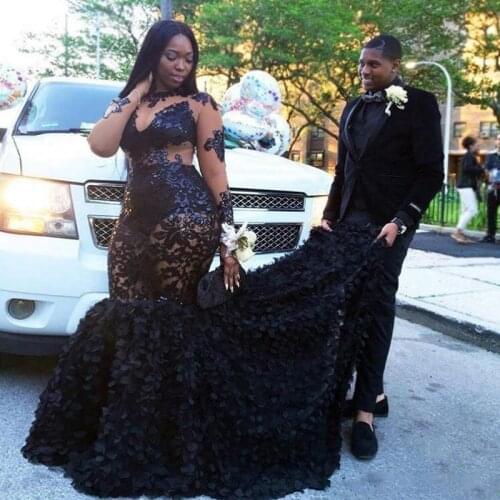 Black Plus Size Prom Dresses Sheer Long Sleeves Lace Appliques Mermaid Evening Gowns See Through Sweep Train South African Women