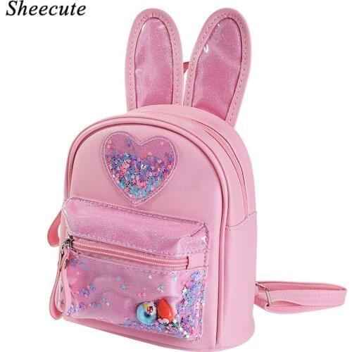 New Fashion Sequin Childrens Backpack Kindergarten School Bag Cute Rabbit Ear PU Leather Waterproof Girls Backpacks Small Bags