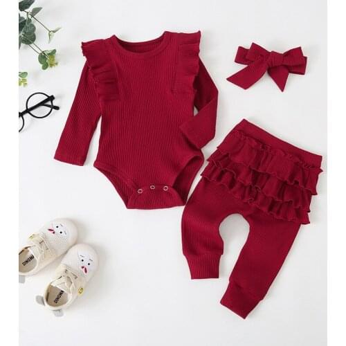 Baby Girl Clothes Set Newborn Spring Lace Sleeve Romper Pants Bowknot Headdress 3pcs Baby Toddler Full Moon Baptism Princess Set