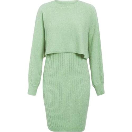 Fashion Kniited Pullover And Dress Sweater Two Piece Set Solid Color Fall Winter Long Sleeve Knitwear For Women 2021 New