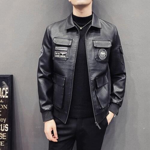 Mens Lapel Air Force Uniform Motorcycle PU Leather Jacket M-5XL Oversized Youth Male Handsome Badge Embroidered Pilot Coats