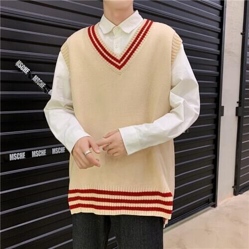 Men V-neck Cotton Sweater Vest Patchwork Spacious Sleeveless Perfect Quality Fashion Clothes Casual Knitted Wool Jumper Coat