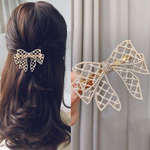 New Korean Bangs Clip Hollow pearl rhinestones Hairpin for Women Girl Headdress golden plaid Duckbill Clip Hold Hair Accessories