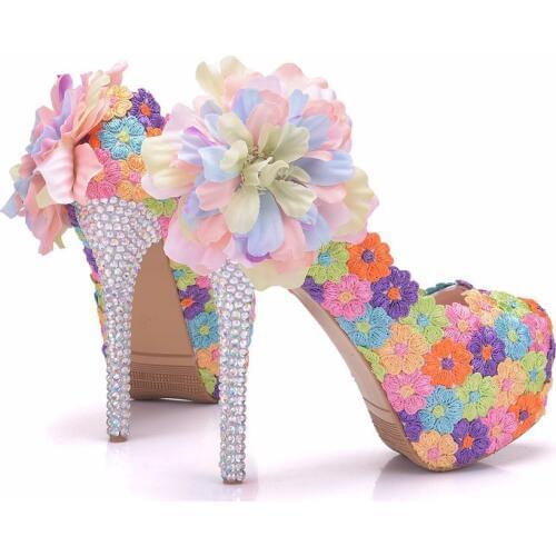 Wedding Party Shoes Flowers Bowknot High Heels 14CM Ladies Shoes Pumps Ethnic Rainbown Color Pearl Pumps Platfrom Daily Footwear