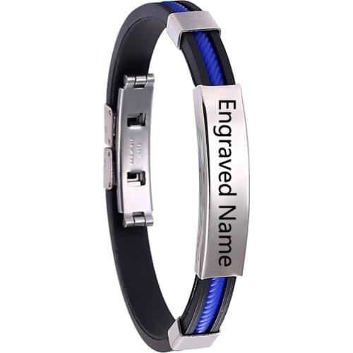 Adjustable Silicone Engrave Name Leather Bracelet for Men DIY Black Stainless Steel Bracelets Fashion Jewelry Dropshipping