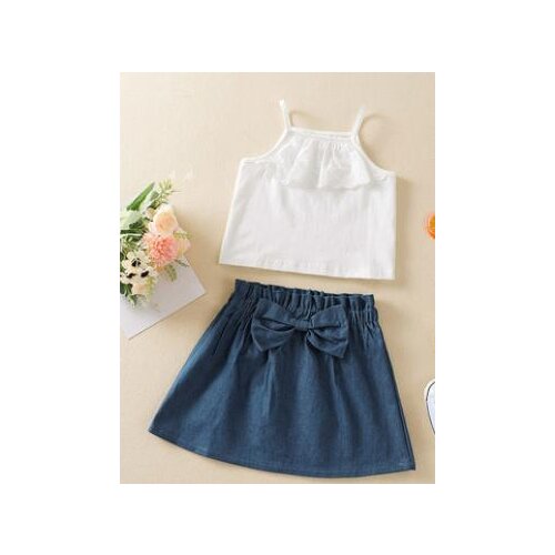 Girls Solid Color Clothes Set Sleeveless Cropped Tops with Lace + Short Denim Skirt with Bow-knot