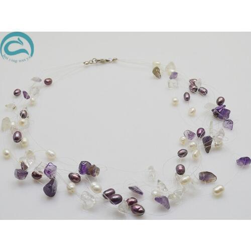 Unique Pearls jewellery Store Handmade Wedding Birthday Perfect Women Gift 9rows Amethysts Illusion Pearl Necklace