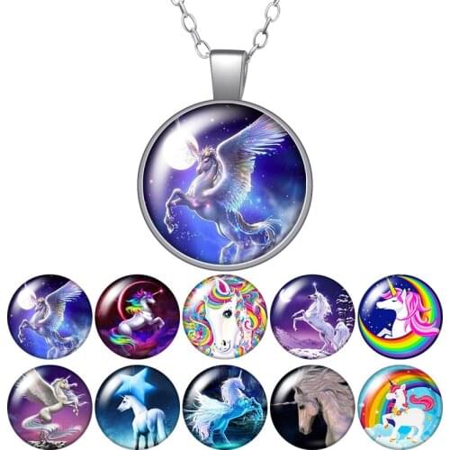 Magical unicorn Lovely horse Dream Round Pendant Necklace 25mm Glass Cabochon Silver plated Jewelry Women Birthday Gift 50cm