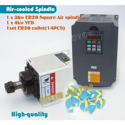 Quanlity Square 3kw ER20 Air cooled spindle motor runout-off 0.01mm 4 Ceramic bearing & 4kw VFD & ER20 collet Engraving milling