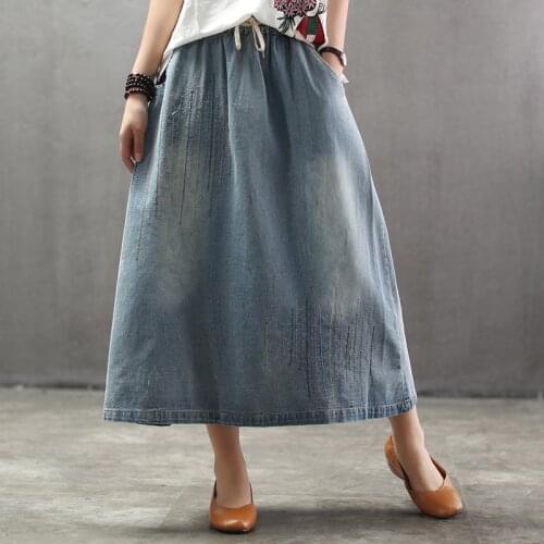 Plus Size A-line Denim Long Skirts Women Oversized Vintage Female Art Loose Ankle Length Long Jeans Skirt
