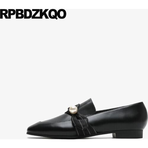 Women slip on pearl shallow loafers flats chinese casual 2019 square toe black fashion spring autumn designer shoes china ladies