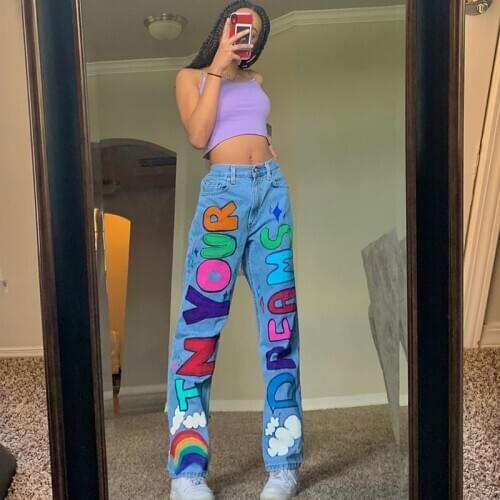 Graphics Letter Printed Baggy Women Jeans Pants High Waist Wide Leg Punk Cute Punk Hip Pop Gothic Demin Sexy Fashion Streetwear