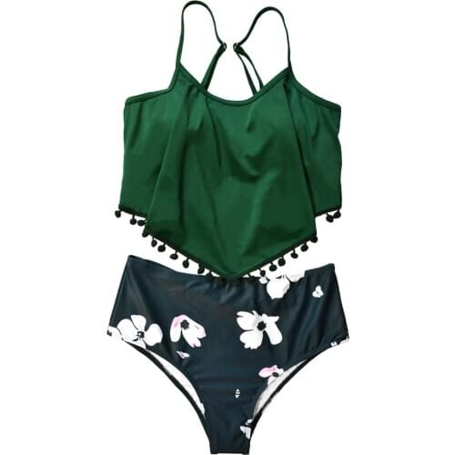 VECENEY Women Two Pieces High Waisted Ruffle Bikini Set V Neck Swimwear Beach Bathing Suit, Green Top