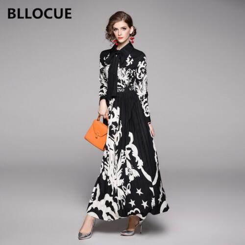 BLLOCUE High Quality Luxury Design Runway Vintage Print Dress Women Long Sleeve Bow Tie Collar Elegant Pleated Long Dress