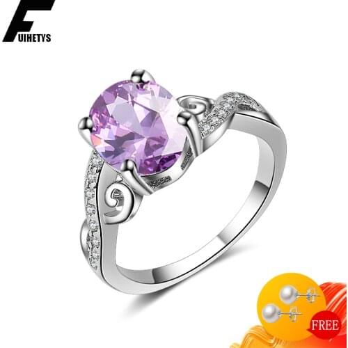 BaliJelry Fashion Rings for Women 925 Silver Jewelry Oval Shape Amethyst Zircon Gemstone Ring Wedding Engagement Party Accessory
