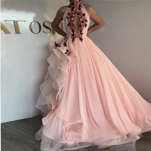 Asymmetrical Tulle Flowers Appliques Prom Dresses O Neck Sleeveless Formal Evening Dress Robe De Soiree