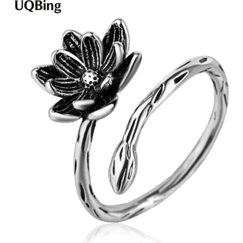 Retro Lotus Flower Adjustable Vintage Rings for Women 925 Sterling Silver Jewelry Gifts