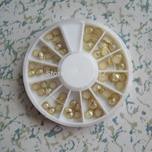 12wheels/lot OD-132 Free Shipping 3D Gold Outside 4+5mm White Pearl Decoration in wheel Shiny Nail Decoration