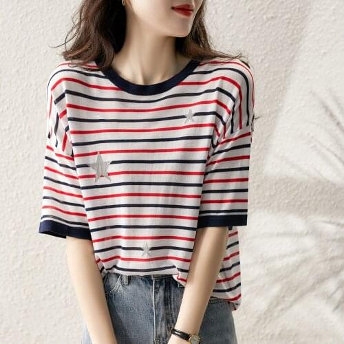 BOBOKATEER Haut Femme T Shirt Women Clothing Camisetas De Mujer Short Sleeve Woman Tshirts Striped T-shirty Damskie Ventilation